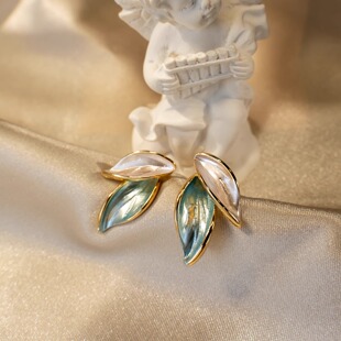 韩系莫兰迪拼色小叶子清新925银针镀耳钉女雾霾蓝白树叶森林感