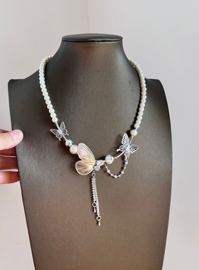 珍珠蝴蝶流苏项链女甜酷气质配饰