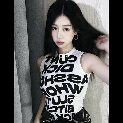 鸽宝字母印花辣妹圆领性感无袖背心内搭修身打底衫短款外穿上衣女