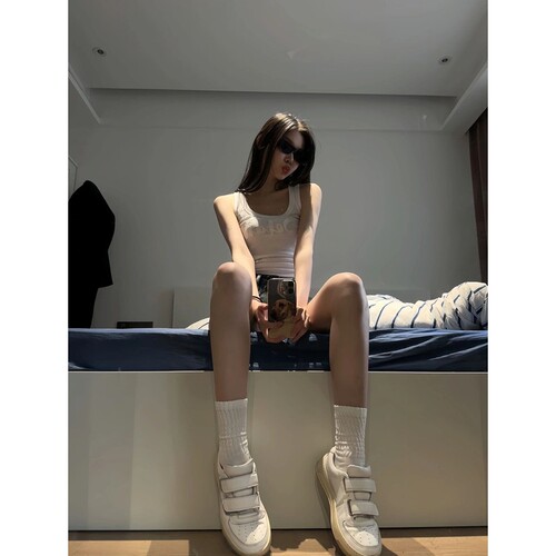 美式辣妹字母印花内搭工字白色背心女外穿潮夏季修身运动吊带上衣