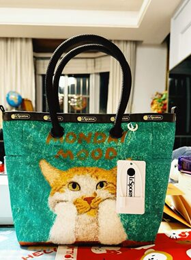 NEWNEW联名可爱猫复古印花手提包女款托特包双面小托特手提包~