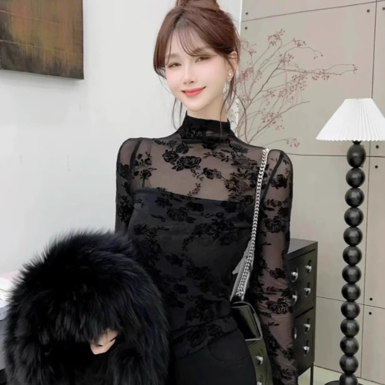 秋冬季加绒加厚植绒半高领长袖蕾丝打底衫女气质修身显瘦外穿