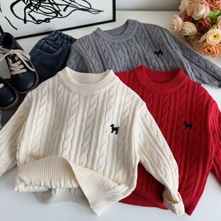 儿童毛衣红色冬季加厚2025新款男女童韩版刺绣麻花针织衫宝宝内搭