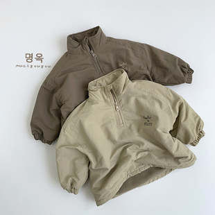 男童加绒外套2025新款秋冬款薄绒防风立领宝宝儿童半拉链套头卫衣