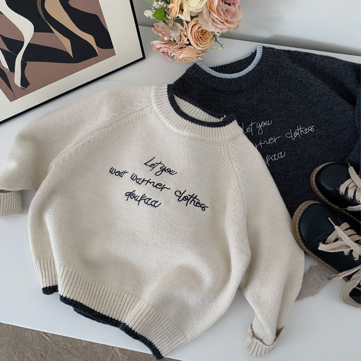 男童毛衣秋冬款薄绒拼色针织内搭