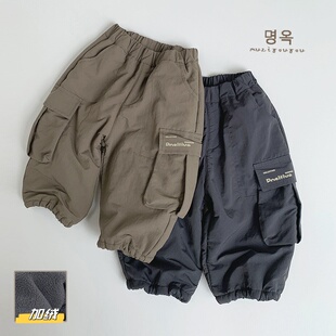 童装儿童加绒加厚裤子秋冬款保暖日系男童宝宝收口休闲户外工装裤