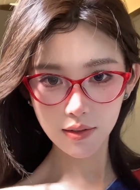 韩版猫眼红色眼镜女款圆脸显瘦防蓝光装饰凹造型拍照近视平光镜架