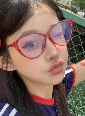 韩版猫眼红色眼镜女大脸显瘦防蓝光装饰凹造型拍照近视眼镜平光镜