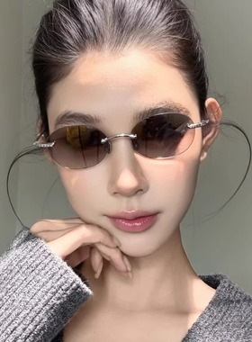 墨镜女潮无框椭圆猫眼镶钻高级感