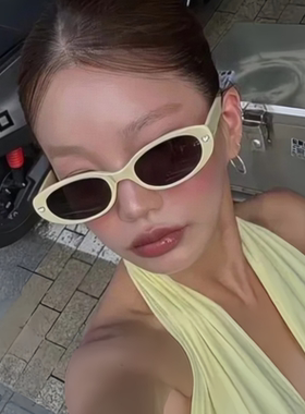 韩版复古椭圆形猫眼米白黄色墨镜