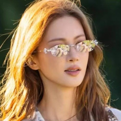 金晨同款墨镜无边框水银色镶钻高级感老钱风街拍防紫外线太阳眼镜