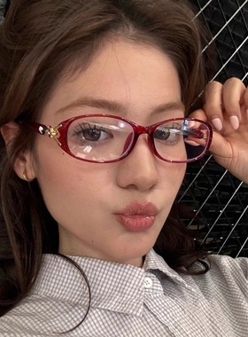 复古透明红色椭圆形眼镜Y2K欧美辣妹风可配近视度数老花女平光镜