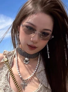 欧美无框灰色椭圆猫眼Y2K辣妹网红墨镜女方圆脸街拍防晒太阳眼镜