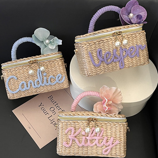 海风和夏 手提方盒子拉链定制字母包可斜背草编包度假包