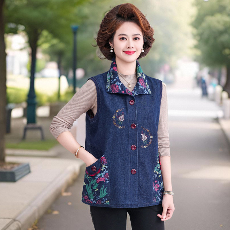 中年妈妈洋气马甲坎肩纯棉背心外套老年人女牛仔全棉马夹上衣外穿