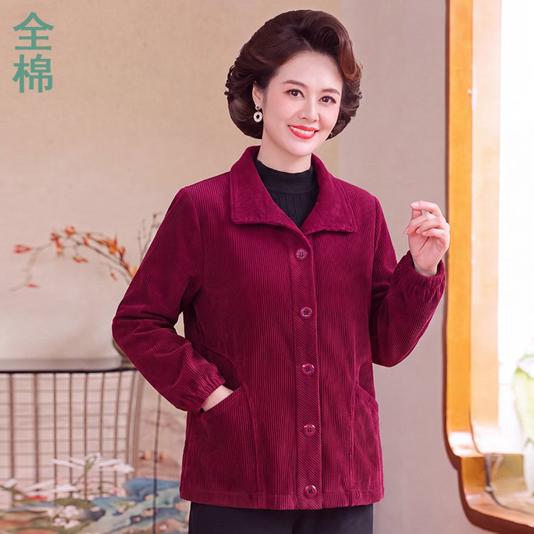 妈妈春秋薄款灯芯绒宽松双层外套