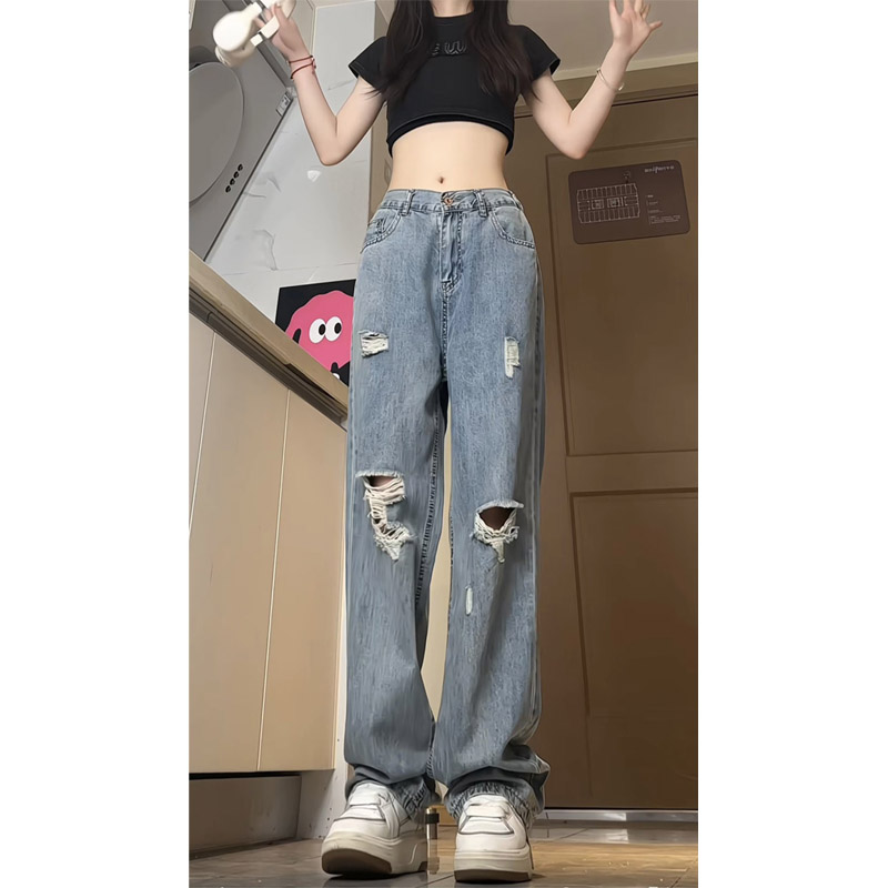 夏季新款美式薄款冰丝破洞牛仔裤女生潮流宽松直筒阔腿长裤KZ26,男装牛仔裤,电商B203