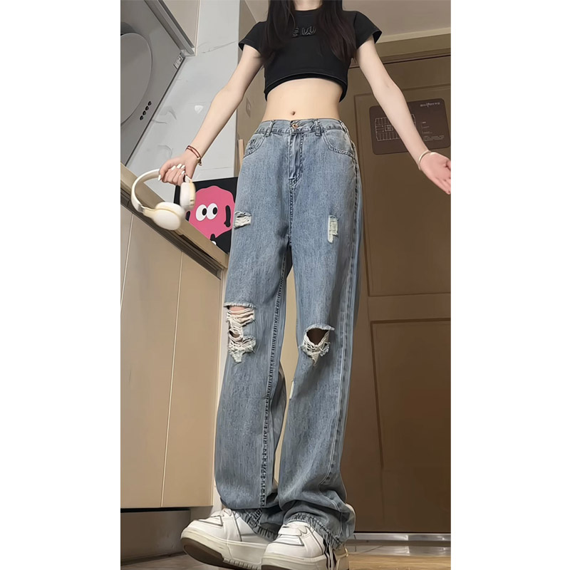 夏季新款美式薄款冰丝破洞牛仔裤女生潮流宽松直筒阔腿长裤KZ26,男装牛仔裤,电商B203