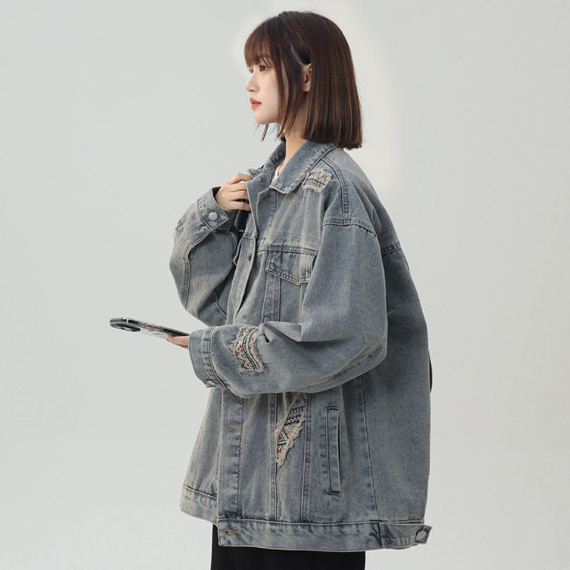 秋季美式高街复古破洞牛仔外套女夹克潮流宽松百搭上衣JK60P95,男装工装外套,电商B203