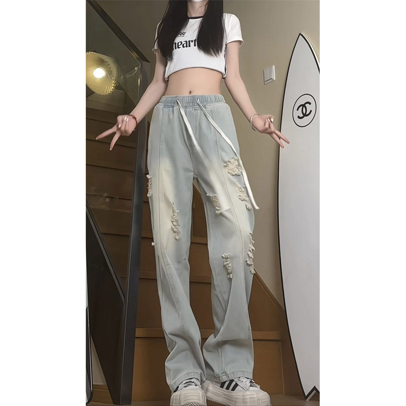 美式高街破洞牛仔裤女生潮流宽松直筒阔腿裤休闲长裤KZ30P45,女装牛仔裤,电商B203
