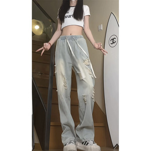 美式高街破洞牛仔裤女生潮流宽松直筒阔腿裤休闲长裤 KZ30 P45图片