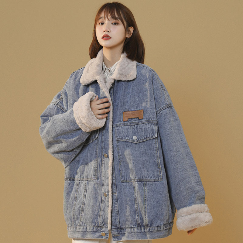 冬季新款美式仿兔毛牛仔棉衣女生潮流宽松加绒加厚夹克外套MY77,男装夹克,电商B203