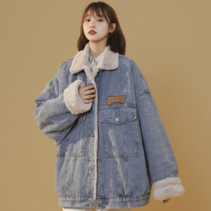 冬季新款美式仿兔毛牛仔棉衣女生潮流宽松加绒加厚夹克外套 MY77图片