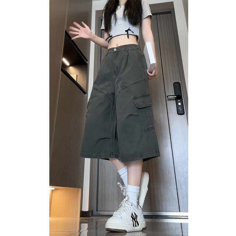 夏季新款美式高街褶皱工装七分裤女宽松直筒休闲百搭阔腿裤 D2505图片