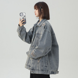 秋季美式高街复古破洞牛仔外套女夹克潮流宽松百搭上衣 JK60 P95图片