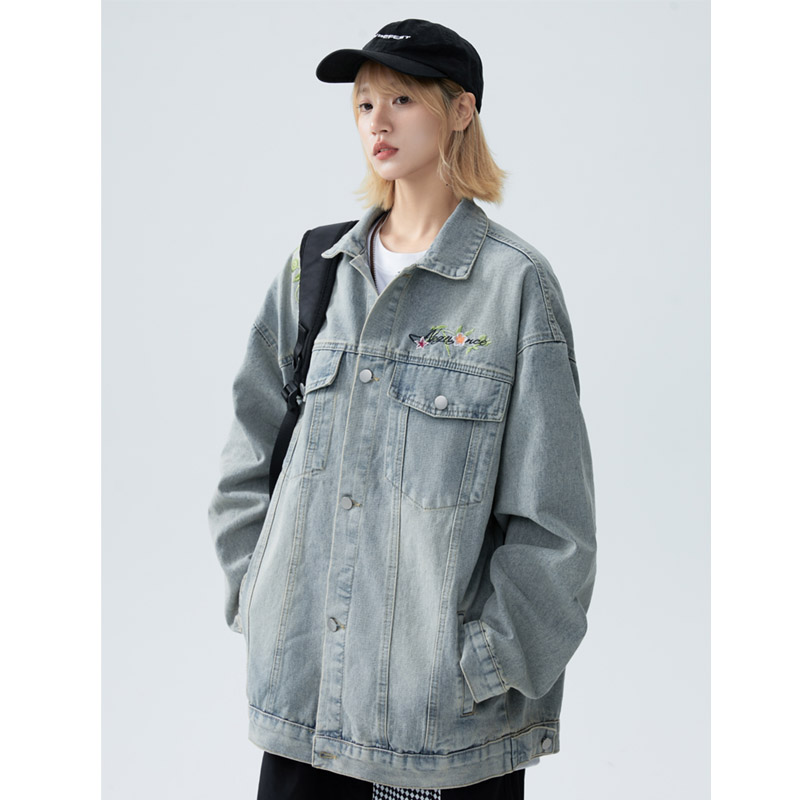 秋季新款美式高街刺绣牛仔外套女夹克潮牌宽松休闲上衣537P95,男装工装外套,电商B203