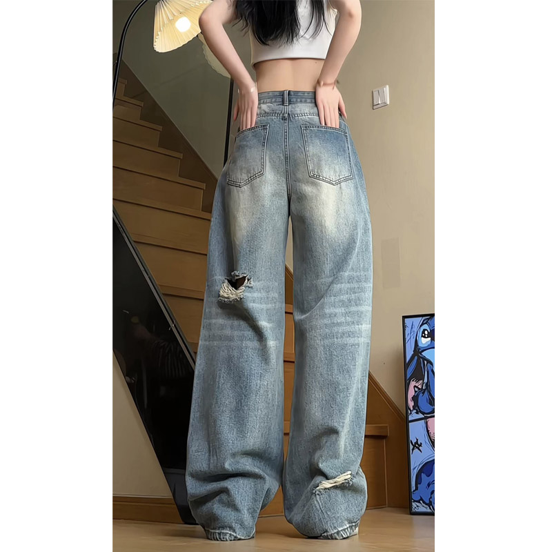 夏季新款美式高街复古破洞牛仔裤女潮流宽松直筒阔腿裤KZ45P68,男装牛仔裤,电商B203