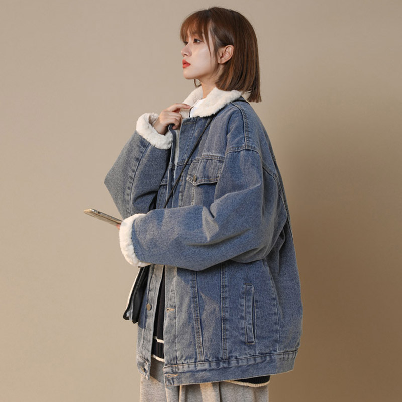 冬季新款美式仿兔毛牛仔棉衣女潮流宽松加绒加厚夹克外套MY66，男装夹克，电商B203