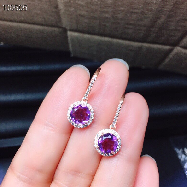 S  상감 천연 자수정 귀걸이 메인 스톤 7*7MM 절묘한 클래식 색상 아름답고 훌륭한 가치