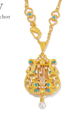 国风精致文艺复月光竖琴吊坠项链女轻奢高级感配饰