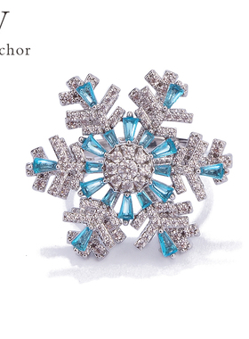 原创设计【冰晶旋舞】蓝色旋转雪花开口戒指女水时尚百搭指环