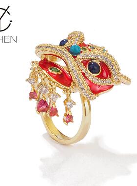 开口可调节中国风喜气醒狮戒指女小众文艺指环食指戒尾戒新年礼物