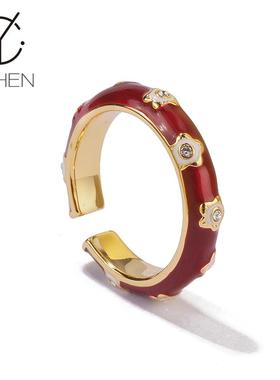 三八礼物红色珐琅彩梅花花朵戒指女2025年新款高级感开口戒指环