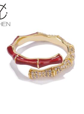 开口可调节平安有福红色竹节戒指女小众轻奢文艺指环食指戒尾戒