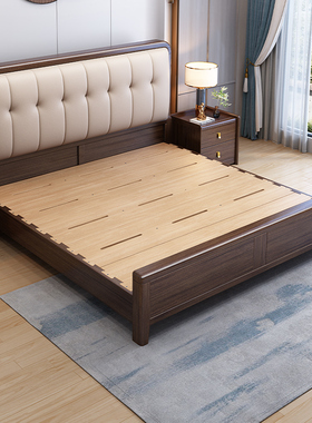 新中式紫檀木1.5全实木大床榫卯满铺真皮软包1.8米主卧双人床婚床