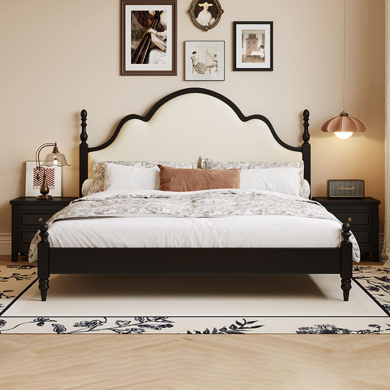 法式中古风实木床1.8米现代简约小户型1.5罗马柱软包主卧室双人床