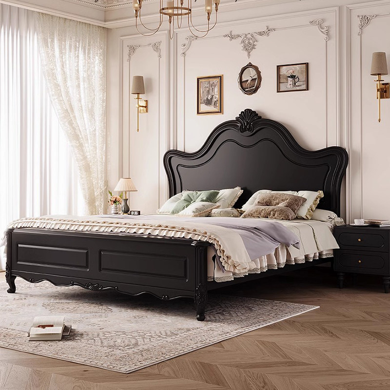 法式复古黑色实木床风简约1.8米双人美式轻奢小户型主卧1.5储物床