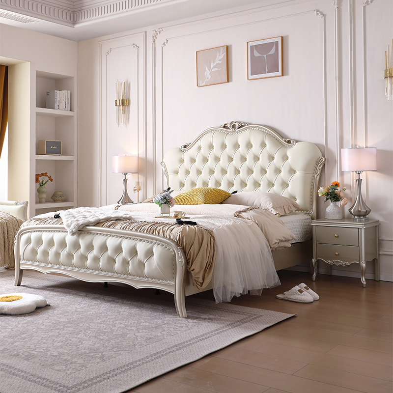 全实木榉木床美式轻奢法式主卧2米双人大床欧式现代简约真皮婚床