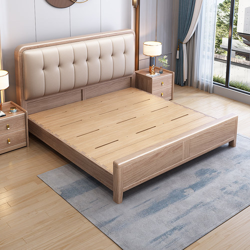 北欧紫檀木杏色1.8米全实木床榫卯满铺真皮软包1.5主卧双人床婚床