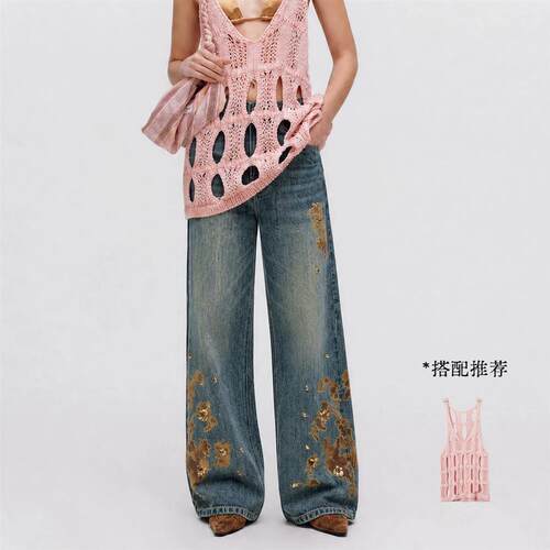 ICE DUST花卉印花复古牛仔裤26PFDE30——1980