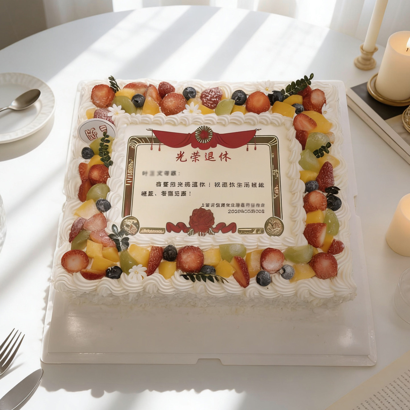 欧贝光荣退休奖状动物淡奶油新鲜水果生日定制蛋糕上海同城配送