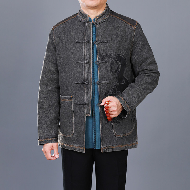 百福龙唐装男中国风牛仔中式休闲棉衣刺绣镶皮新中式上衣国潮男装,男装,唐装,淘宝优惠券,粉丝福利购,淘宝优惠卷