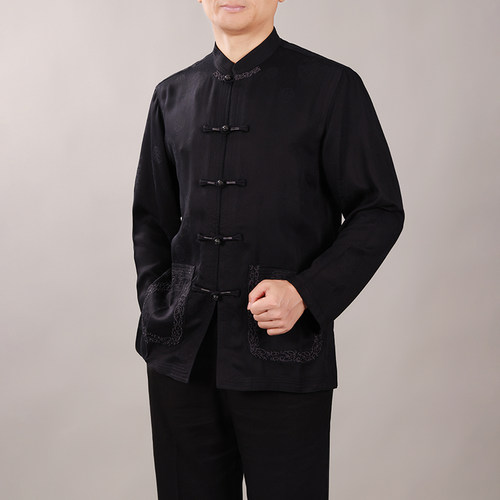 百福龙男士唐装长袖中式衬衫中年爸爸装手工盘扣中式休闲上衣