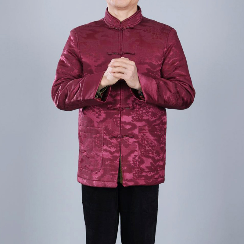 新中式风高档桑蚕丝唐装男士立领盘扣棉袄中老年爸爸唐装冬季棉衣,男装,唐装,淘宝优惠券,粉丝福利购,淘宝优惠卷