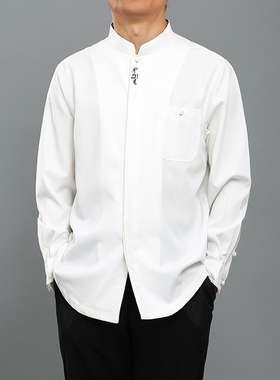 百福龙中国风立领刺绣长袖衬衫 高档天丝中式男唐装衬衣新款