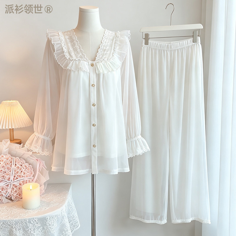 绝美法式网纱睡衣女款宫廷风白色2026新家居服套装春秋季长袖蕾丝
